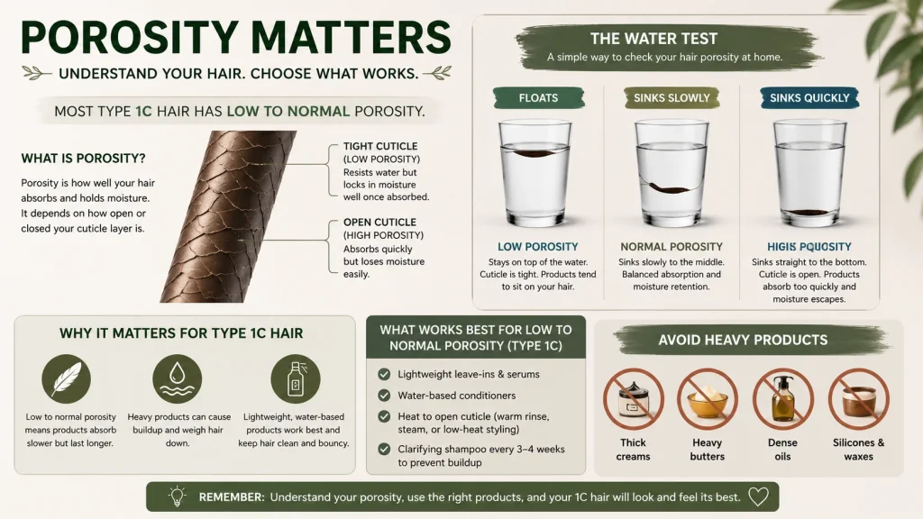 Hair porosity chart showing low, normal, and high porosity water test results for Type 1C hair