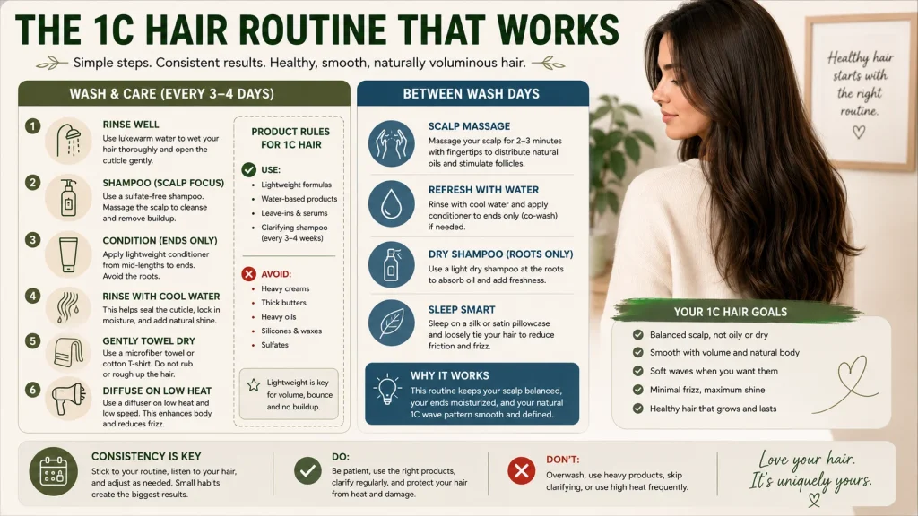 Step-by-step Type 1C hair care routine including washing, conditioning, scalp care, and frizz prevention