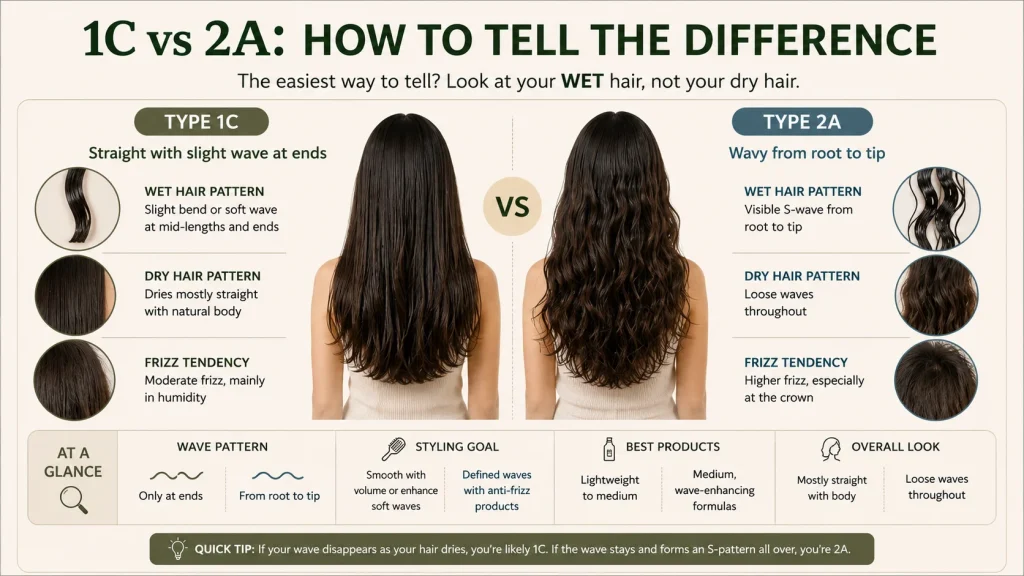 Side-by-side comparison of Type 1C and Type 2A hair showing differences in wave pattern, texture, and frizz levels