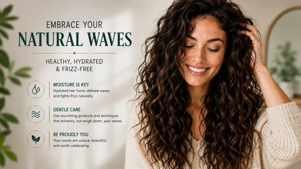 Woman with hydrated type 2c wavy hair showing soft defined waves and reduced frizz