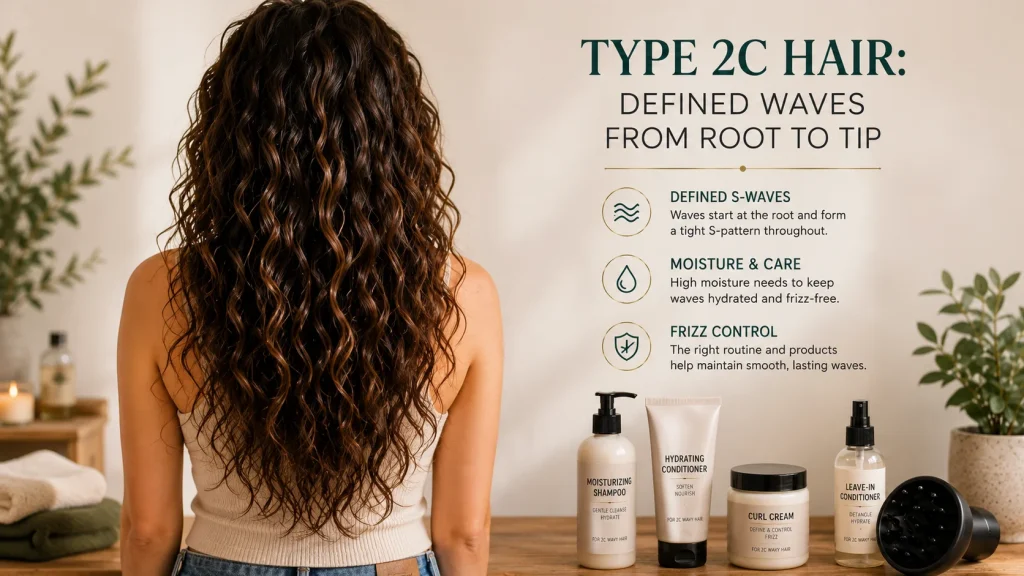 What Is Type 2c? Back view of long type 2c hair displaying tight S-wave pattern from root to tip with hair care products