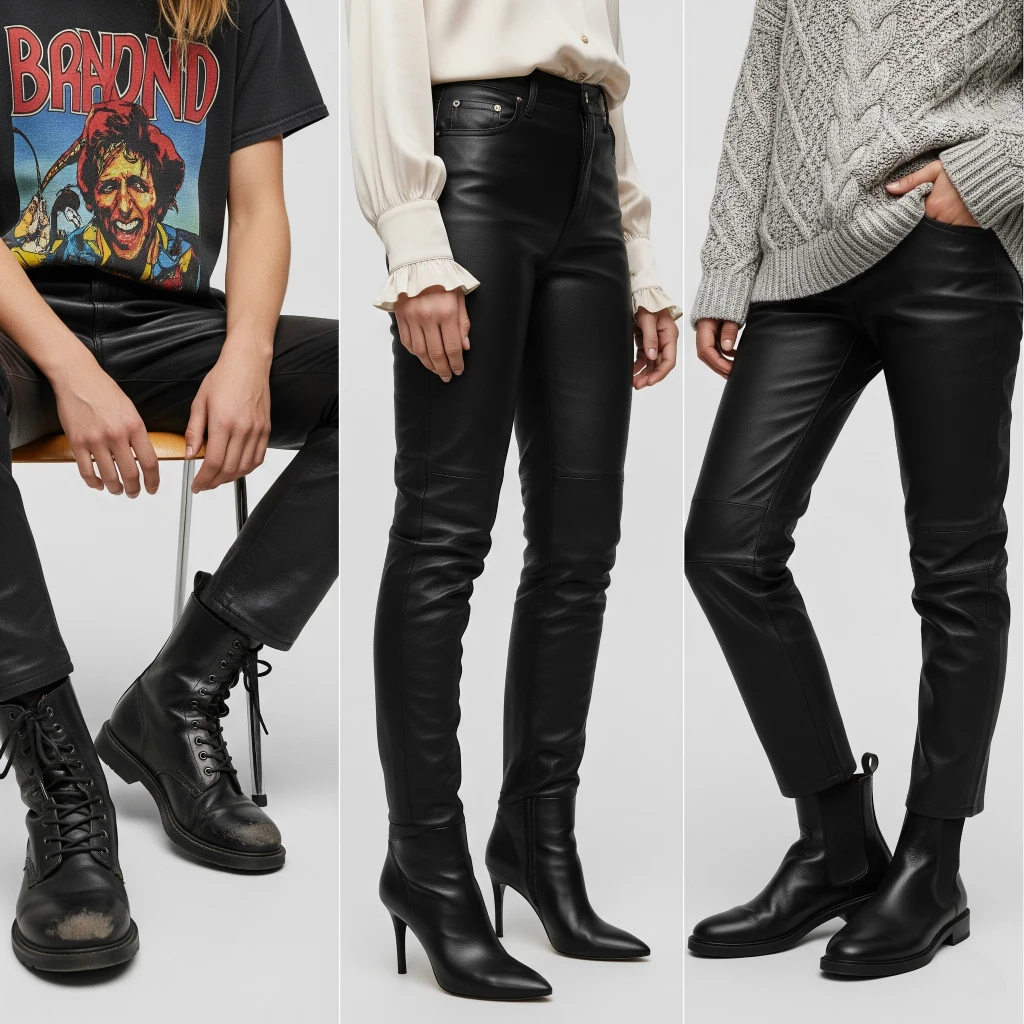 The Ultimate Guide: What Shoes to Wear With Leather Pants for Any Occasion 3 Triptych showing three stylish leather pants outfits: edgy combat boots with a band tee, elegant heeled boots with a blouse, and casual Chelsea boots with a chunky sweater
