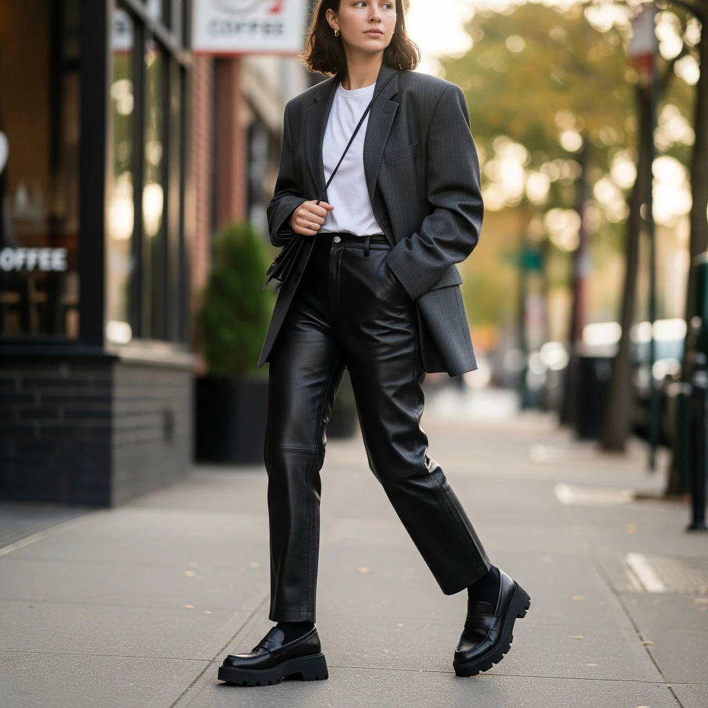 The Ultimate Guide: What Shoes to Wear With Leather Pants for Any Occasion 4 A woman in a street-style outfit showing what shoes to wear with leather pants, pairing straight-leg leather pants with chunky black loafers, a white t-shirt, and a gray blazer.