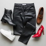 A flat-lay showing what shoes to wear with black leather pants, featuring four options: black combat boots, white sneakers, brown loafers, and red pumps.