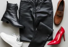 A flat-lay showing what shoes to wear with black leather pants, featuring four options: black combat boots, white sneakers, brown loafers, and red pumps.