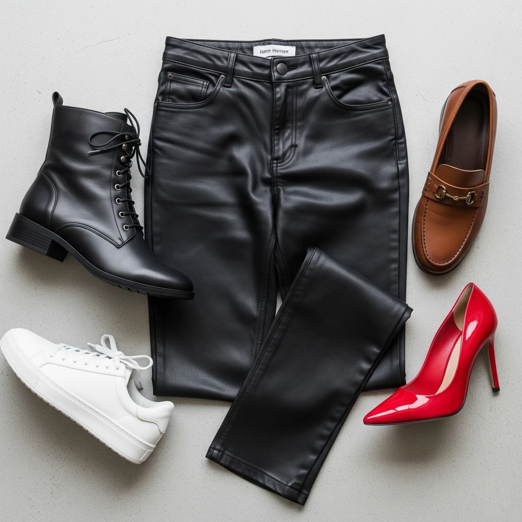 The Ultimate Guide: What Shoes to Wear With Leather Pants for Any Occasion 2 A flat-lay showing what shoes to wear with black leather pants, featuring four options: black combat boots, white sneakers, brown loafers, and red pumps.
