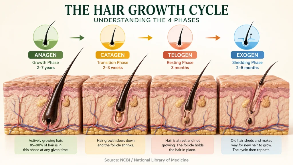 How to Fix Stunted Hair Growth (What's Actually Blocking Your Length) 1 "Hair growth cycle diagram showing anagen, catagen, telogen, and exogen phases of hair growth"