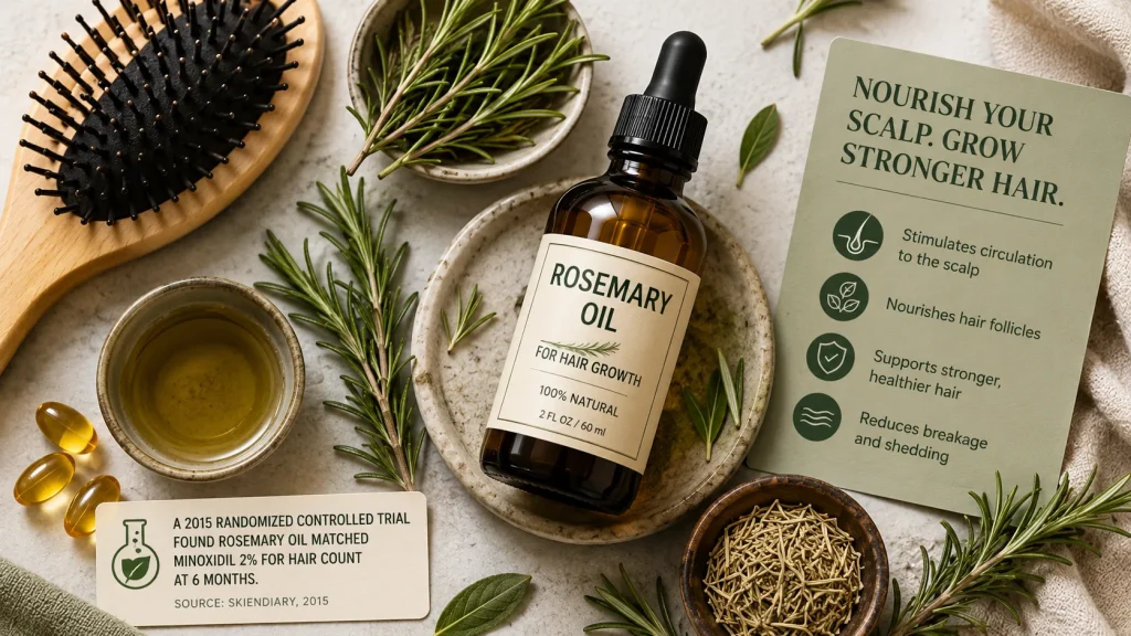 How to Fix Stunted Hair Growth (What's Actually Blocking Your Length) 2 Rosemary oil and scalp care essentials used to support hair growth and reduce breakage