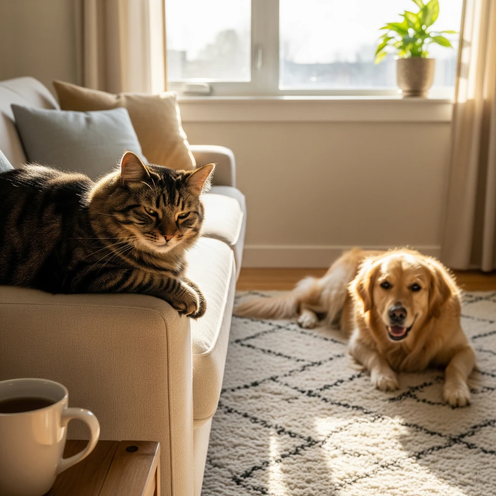 Can a Dog Get a Cat Pregnant? Why It’s Scientifically Impossible 2 Cat and dog relaxing peacefully in a sunlit living room.