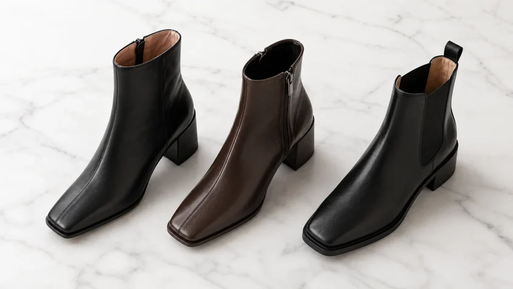Block heel, square toe, and Chelsea ankle boots for leather pants
