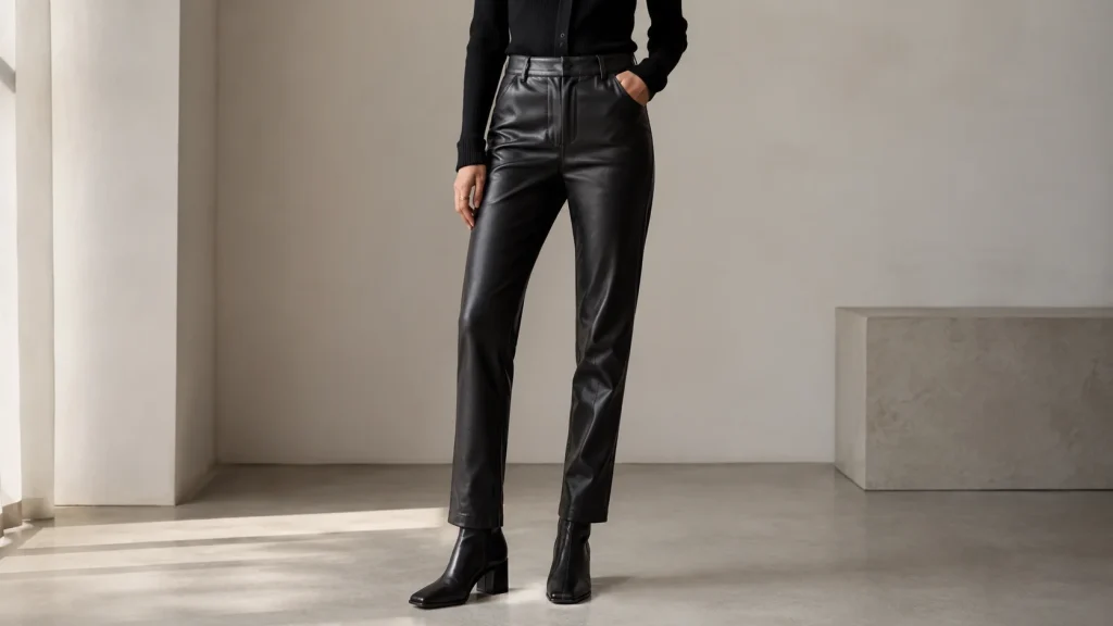 Woman wearing black leather pants with square-toe ankle boots
Woman wearing black leather pants with square-toe ankle boots

