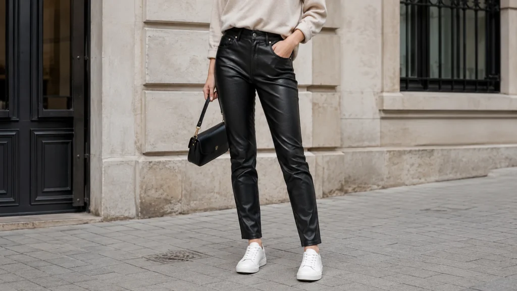 Woman styling black leather pants with white court sneakers
