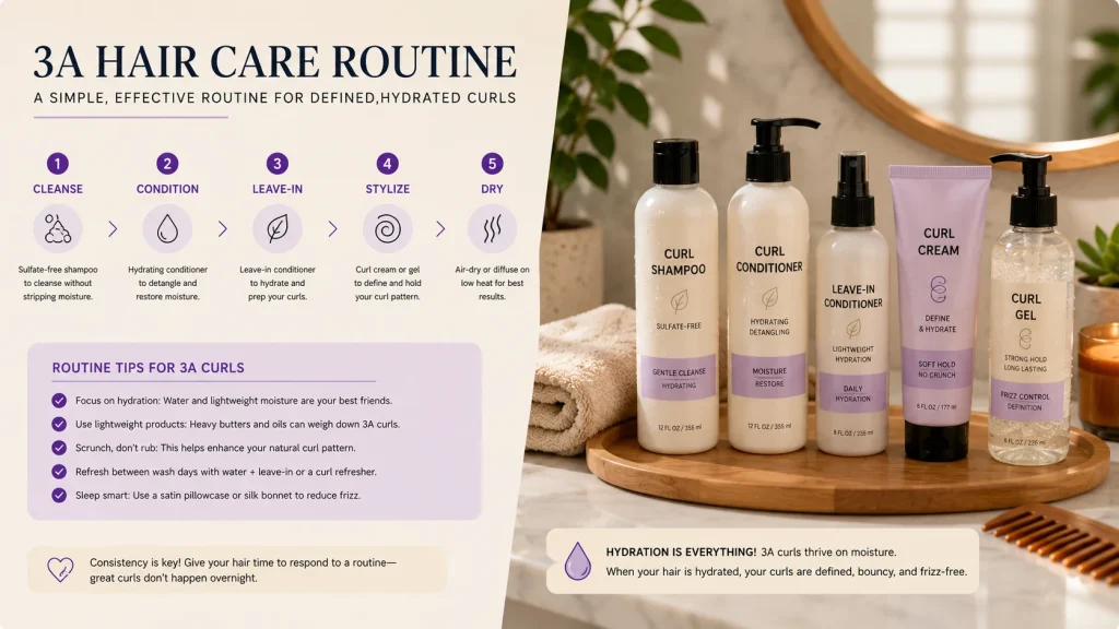 Sulfate-free shampoo, conditioner, leave-in conditioner, curl cream and gel used in a complete 3A hair care routine