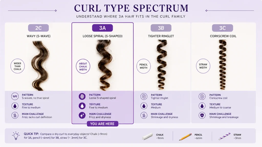 Curl type spectrum comparing 2C waves, 3A loose spirals, 3B ringlets and 3C corkscrew curls