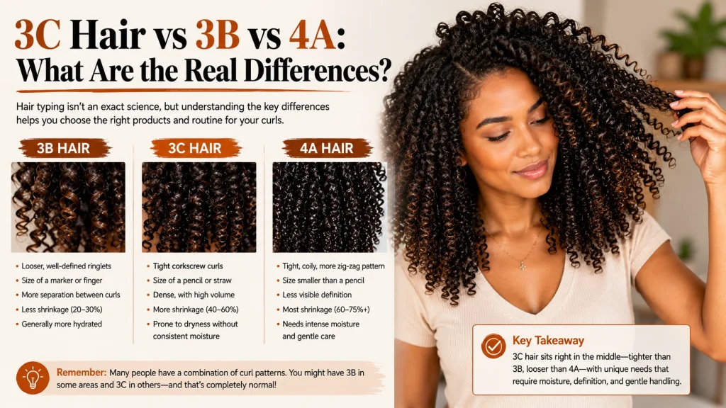 Comparison of 3B, 3C, and 4A curl patterns showing differences in curl size, density, shrinkage, and texture