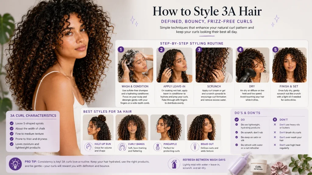 Woman with defined 3A curls demonstrating styling techniques, protective hairstyles and curl maintenance tips