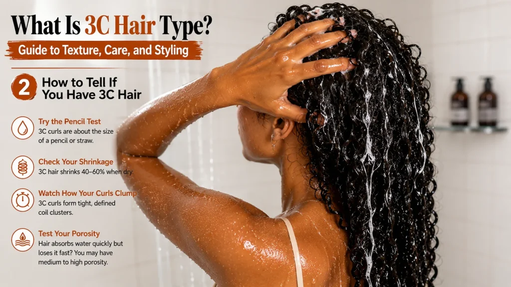 Woman examining wet 3C curls during wash day to identify curl pattern, shrinkage, and texture characteristics